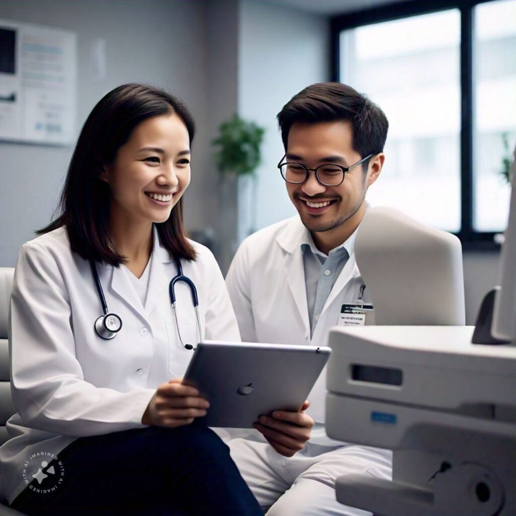 A smiling physiotherapist reading positive online reviews on a tablet