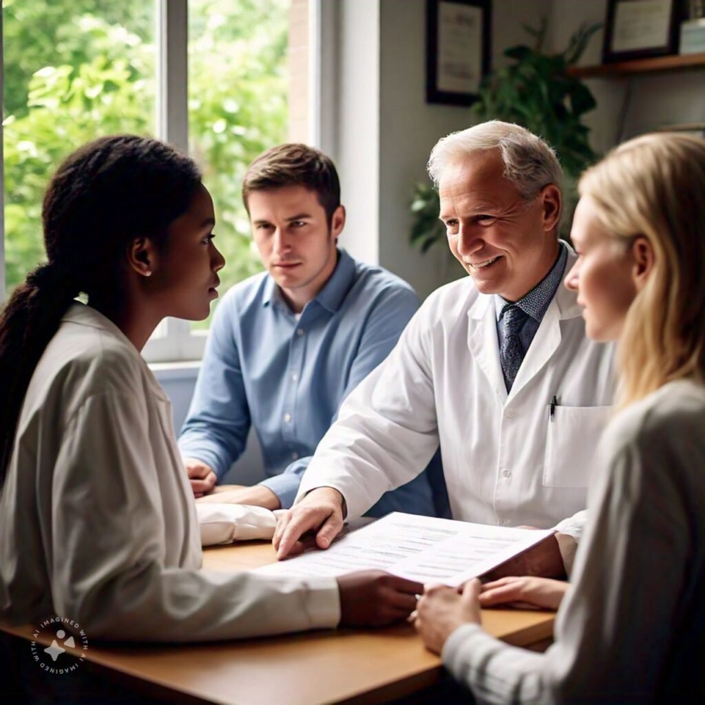 A pathologist discussing diagnostic results with a family in a friendly clinic environment