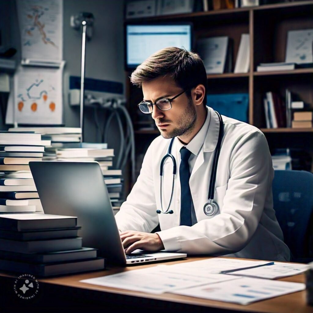 A doctor typing on a laptop surrounded by medical books