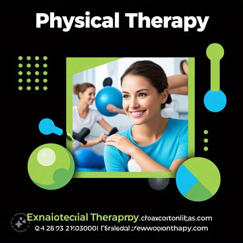 A bright and professional physical therapy flyer design with images of physiotherapy equipment and happy clients