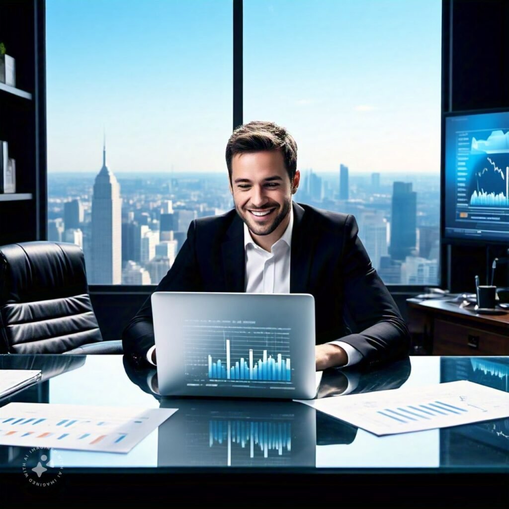A journalist celebrating success while analyzing SEO and digital marketing results on a laptop