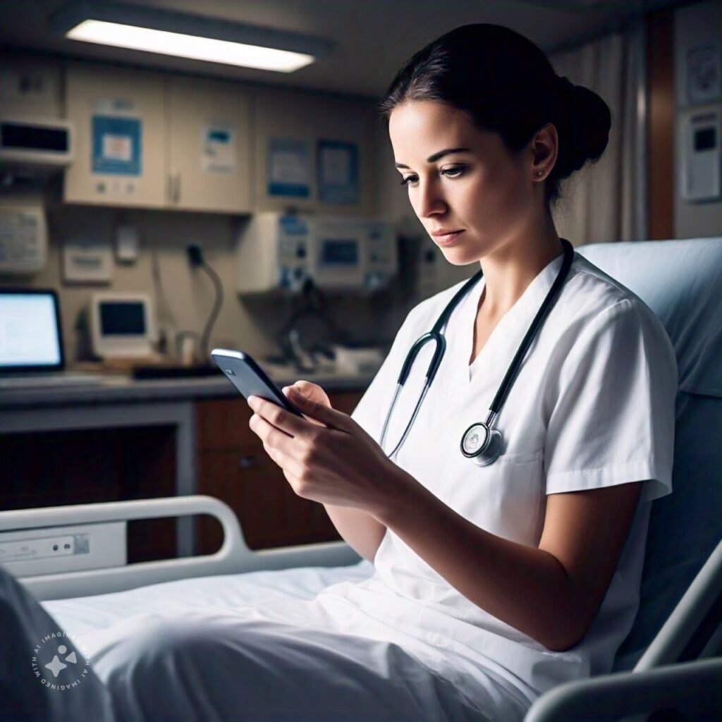 A nurse reading and responding to online reviews on a smartphone