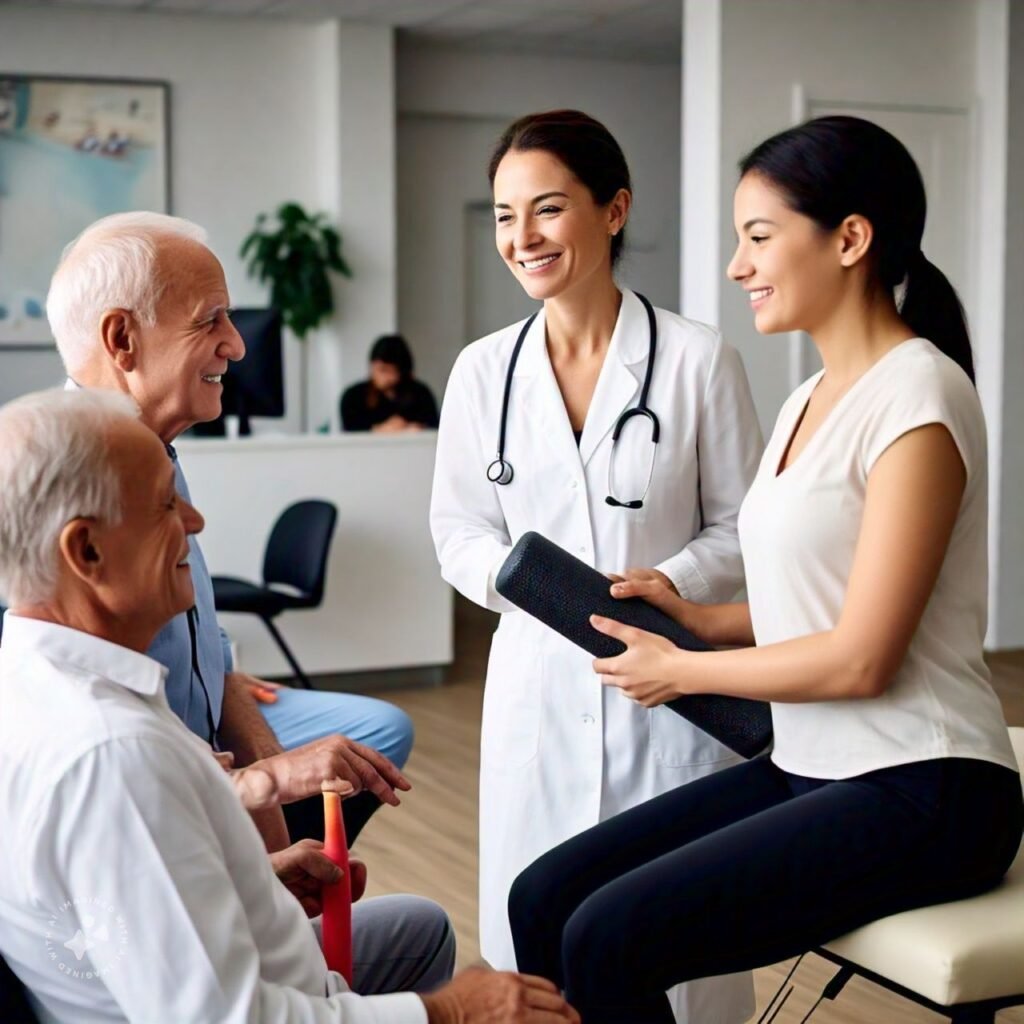 A busy physiotherapy clinic with a satisfied physiotherapist interacting with clients