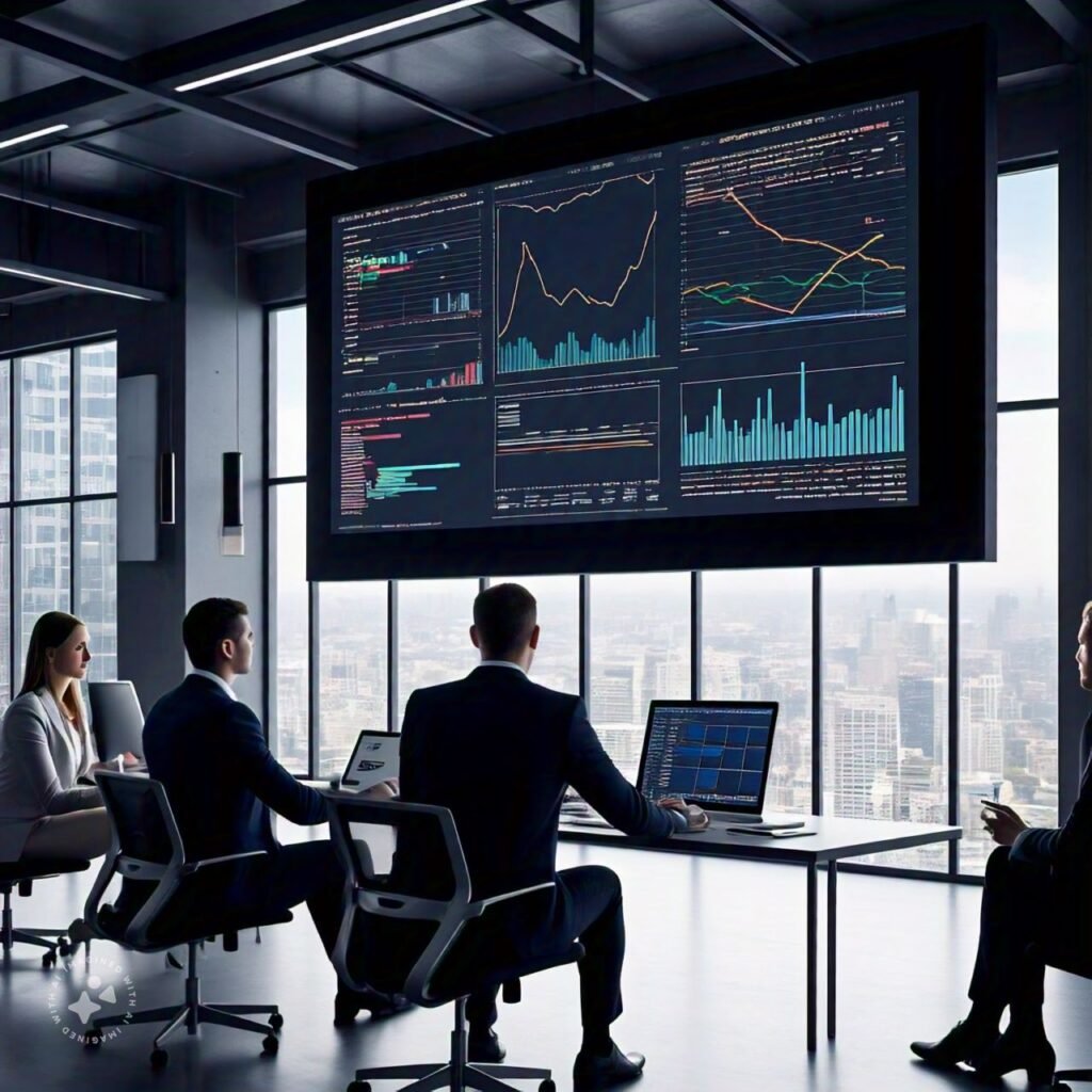 A professional team analyzing marketing metrics on a large screen in a modern office, with graphs and charts in the background