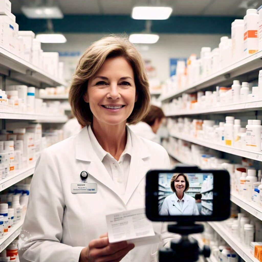A pharmacist recording a video about medication safety tips for their social media audience
