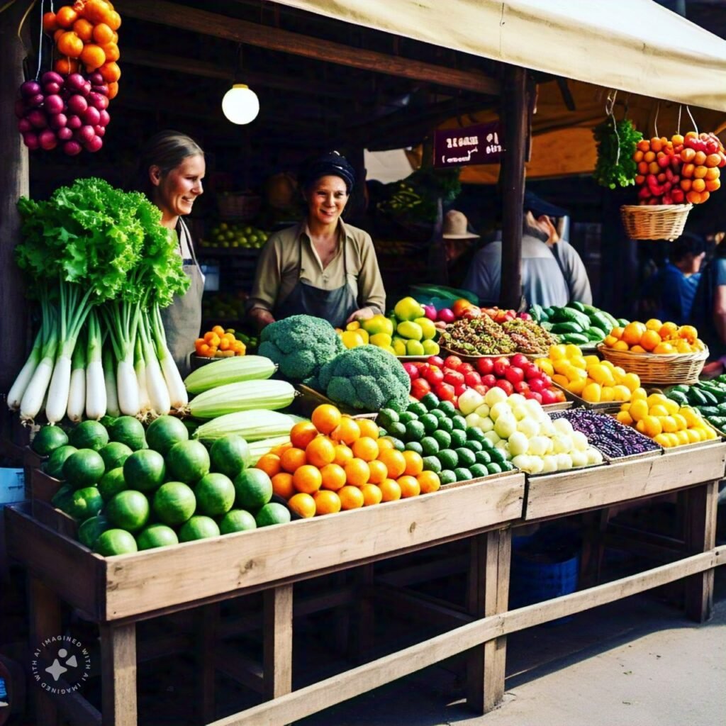 A digital platform showcasing fresh vegetables and fruits being sold by local farmers