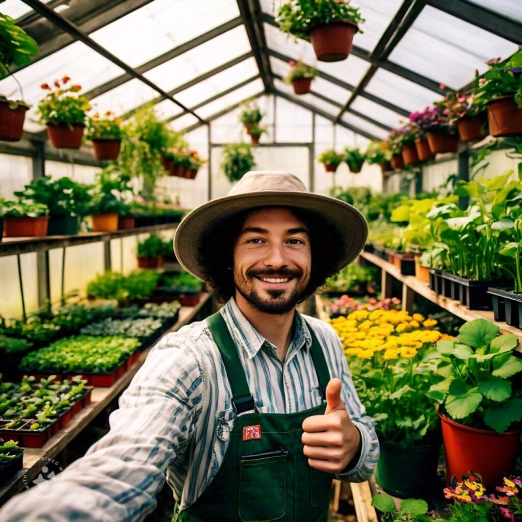 A farmer taking a selfie in a greenhouse for social media promotions