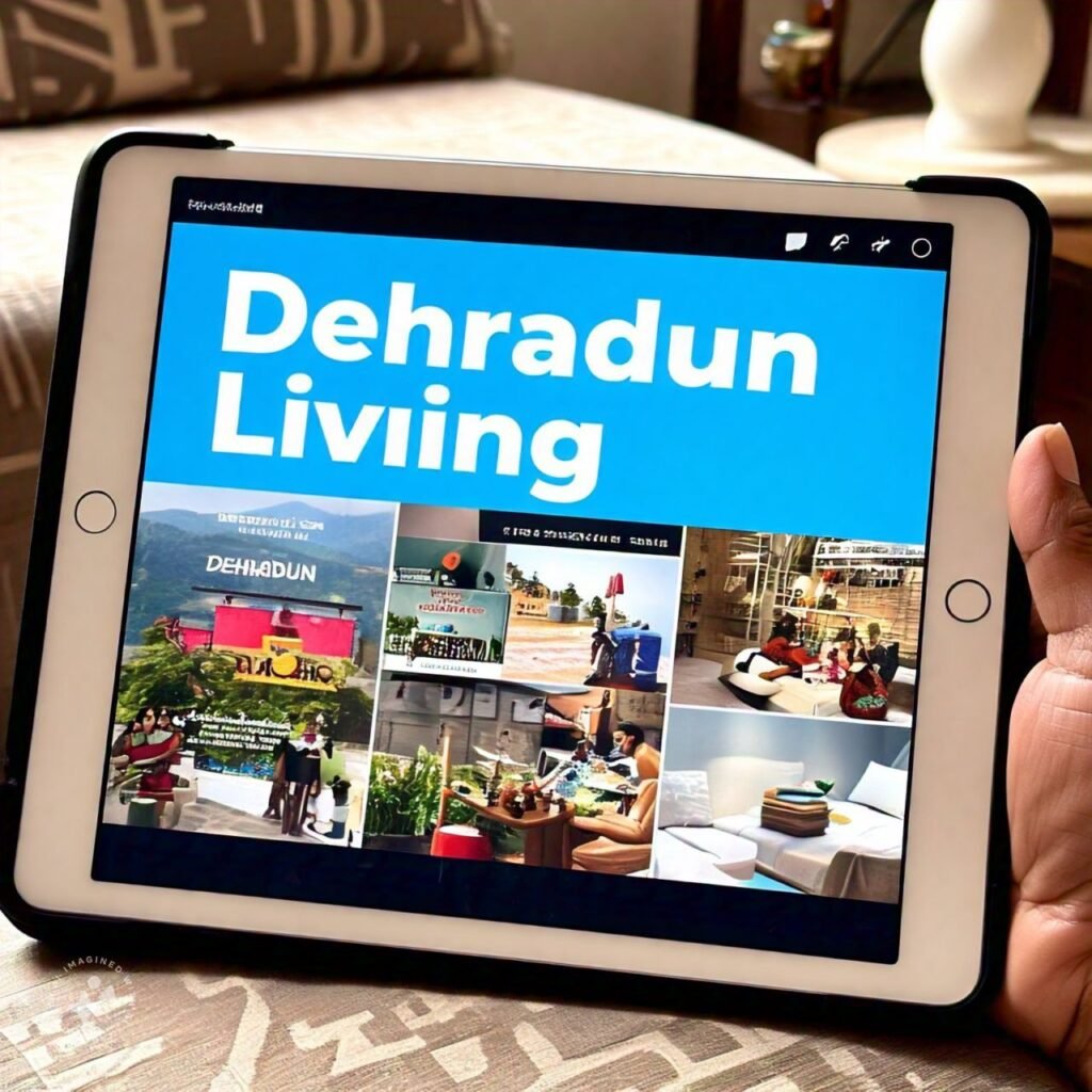 A digital magazine on a tablet featuring a vibrant cover with topics relevant to Dehradun