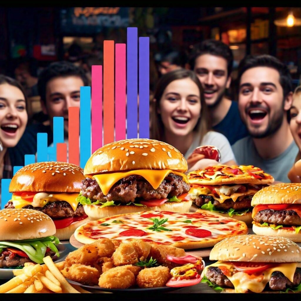 A collage of delicious food items, happy customers dining, and a growing graph symbolizing success in digital marketing for food and beverage businesses