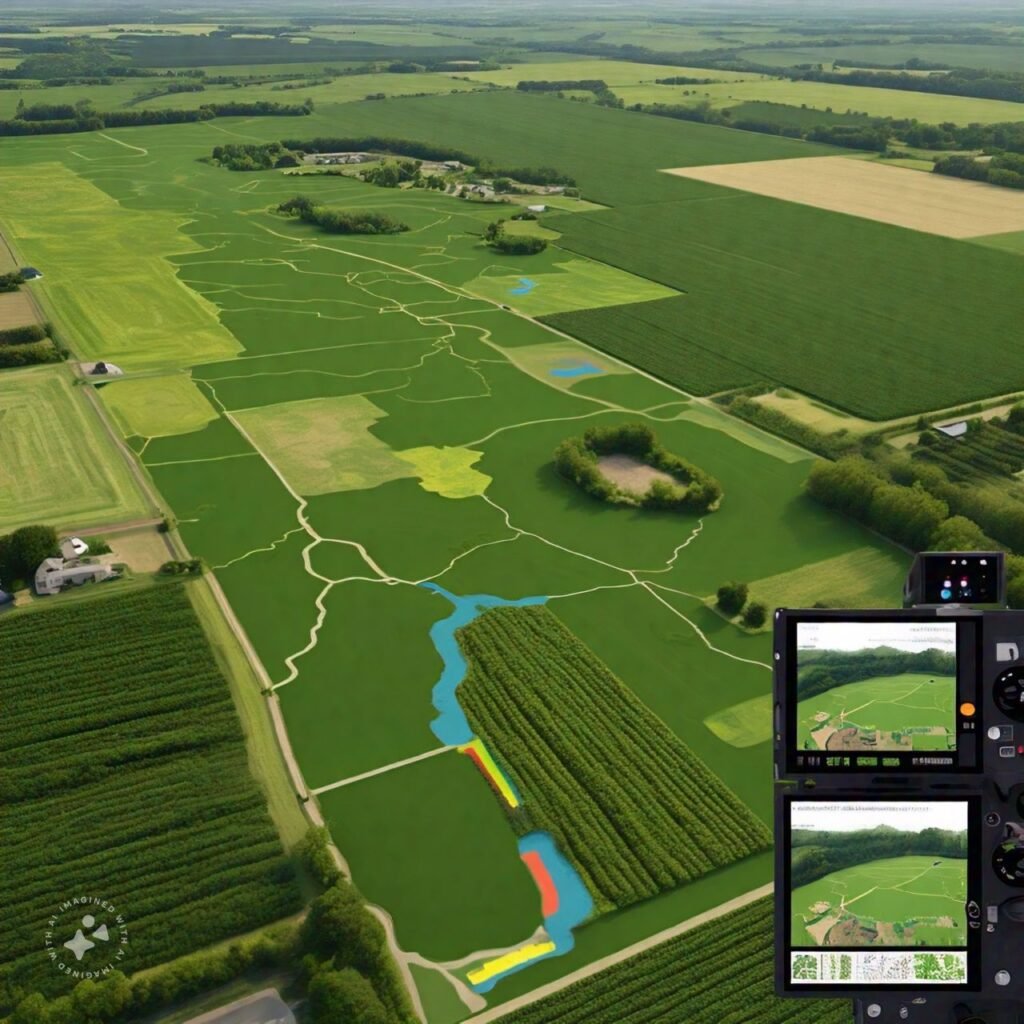 A satellite view showing precision farming zones on a digital map