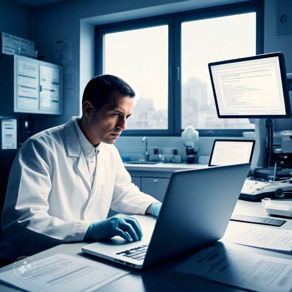 A pathologist responding to online reviews on a laptop in a professional setting