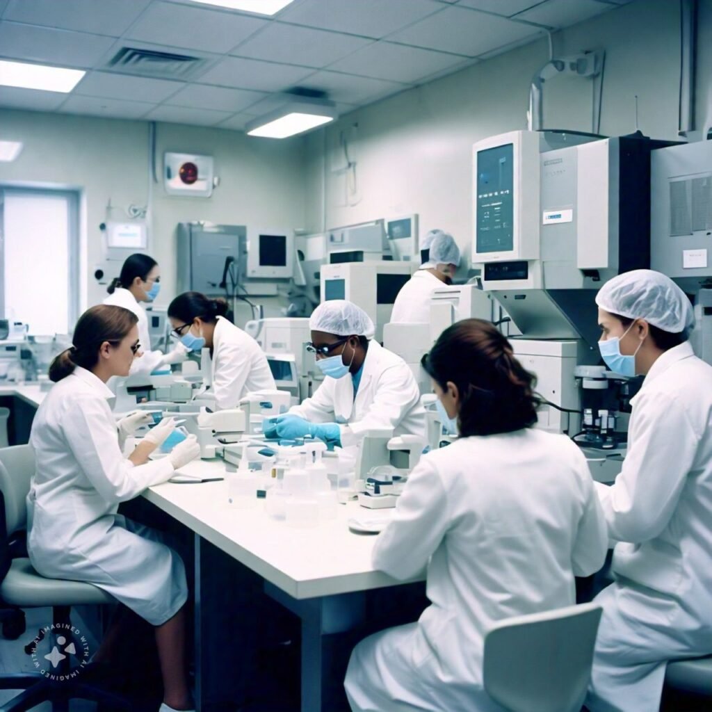 A thriving pathology lab with staff attending to patients and modern diagnostic machines in the background
