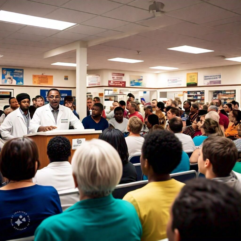A pharmacist speaking at a community health event, surrounded by attendees