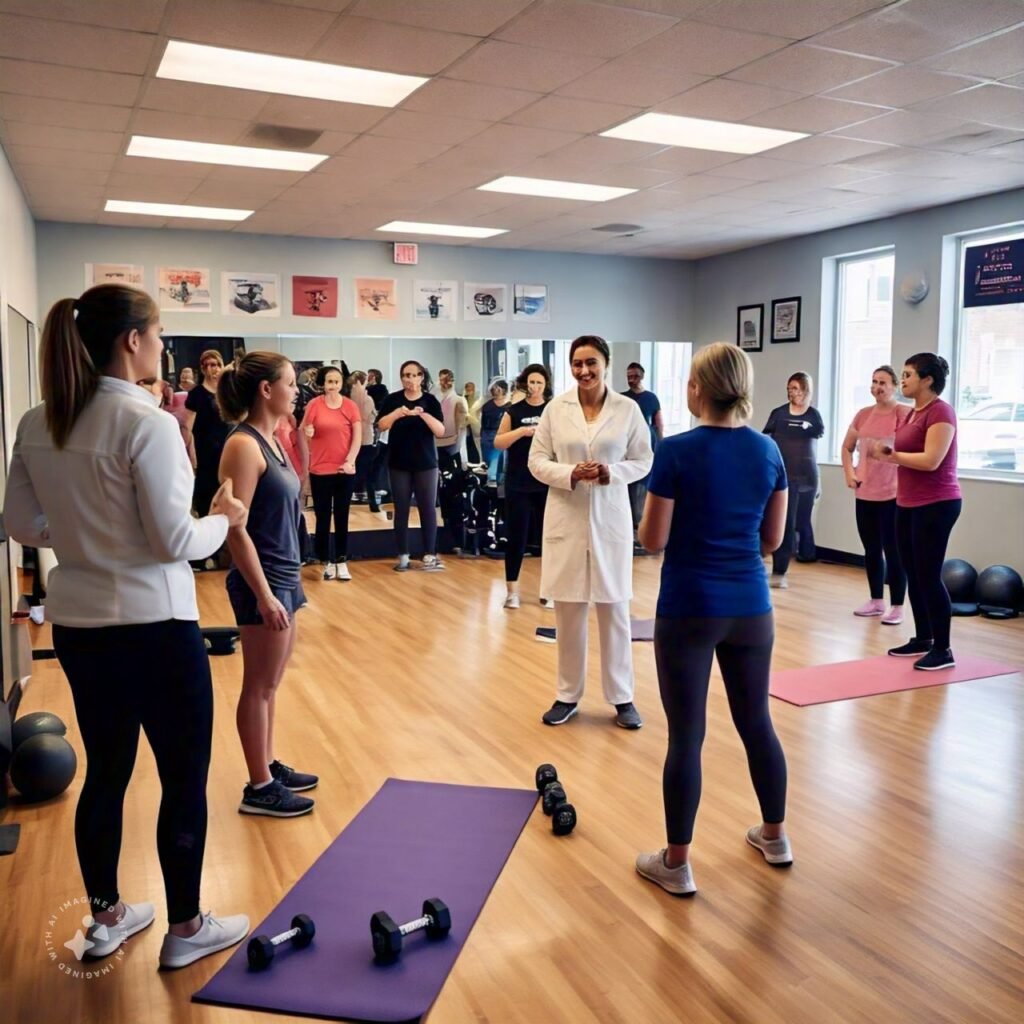 A physiotherapist hosting a community fitness workshop with participants of various ages