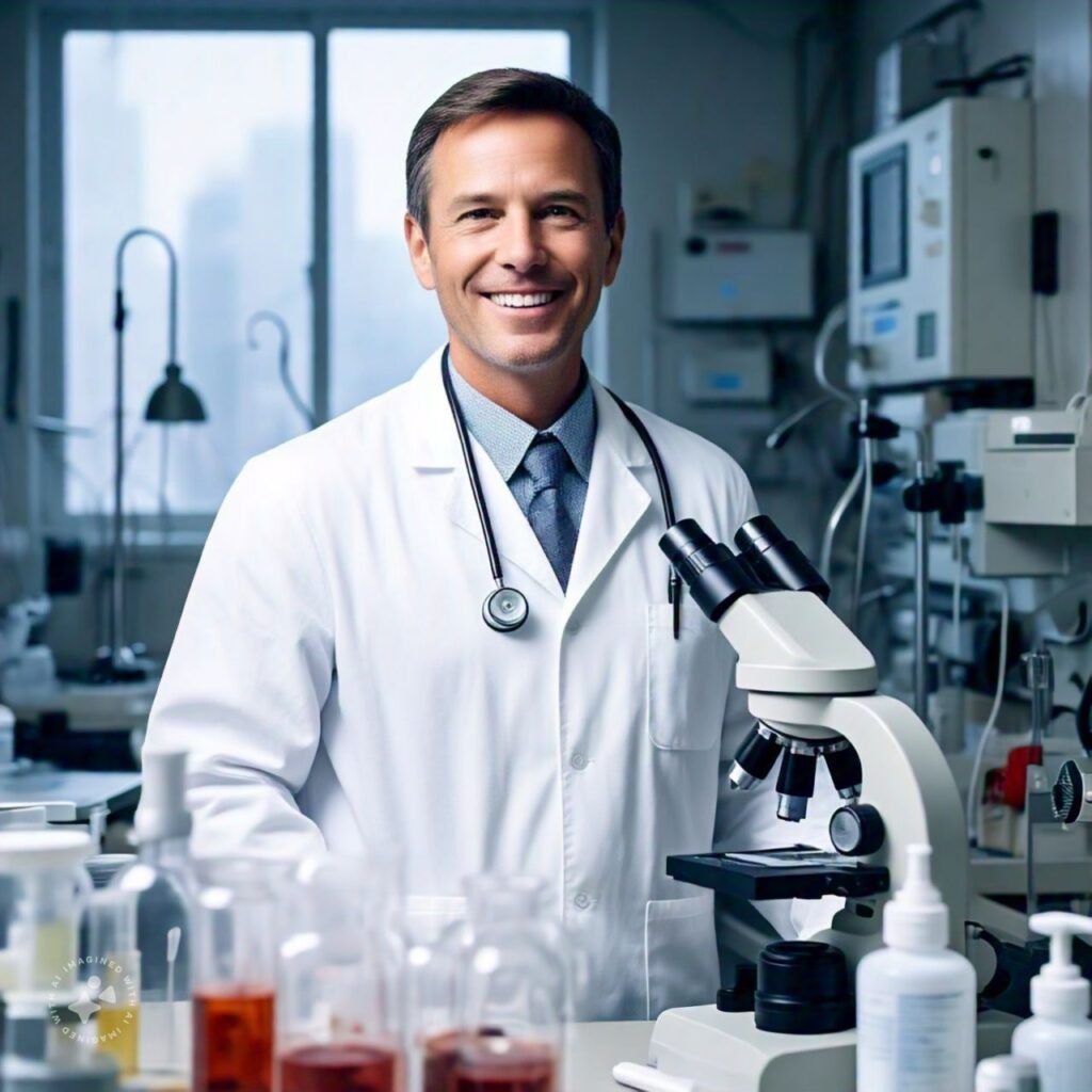 A happy pathologist in a lab coat, showcasing a day in their professional life
