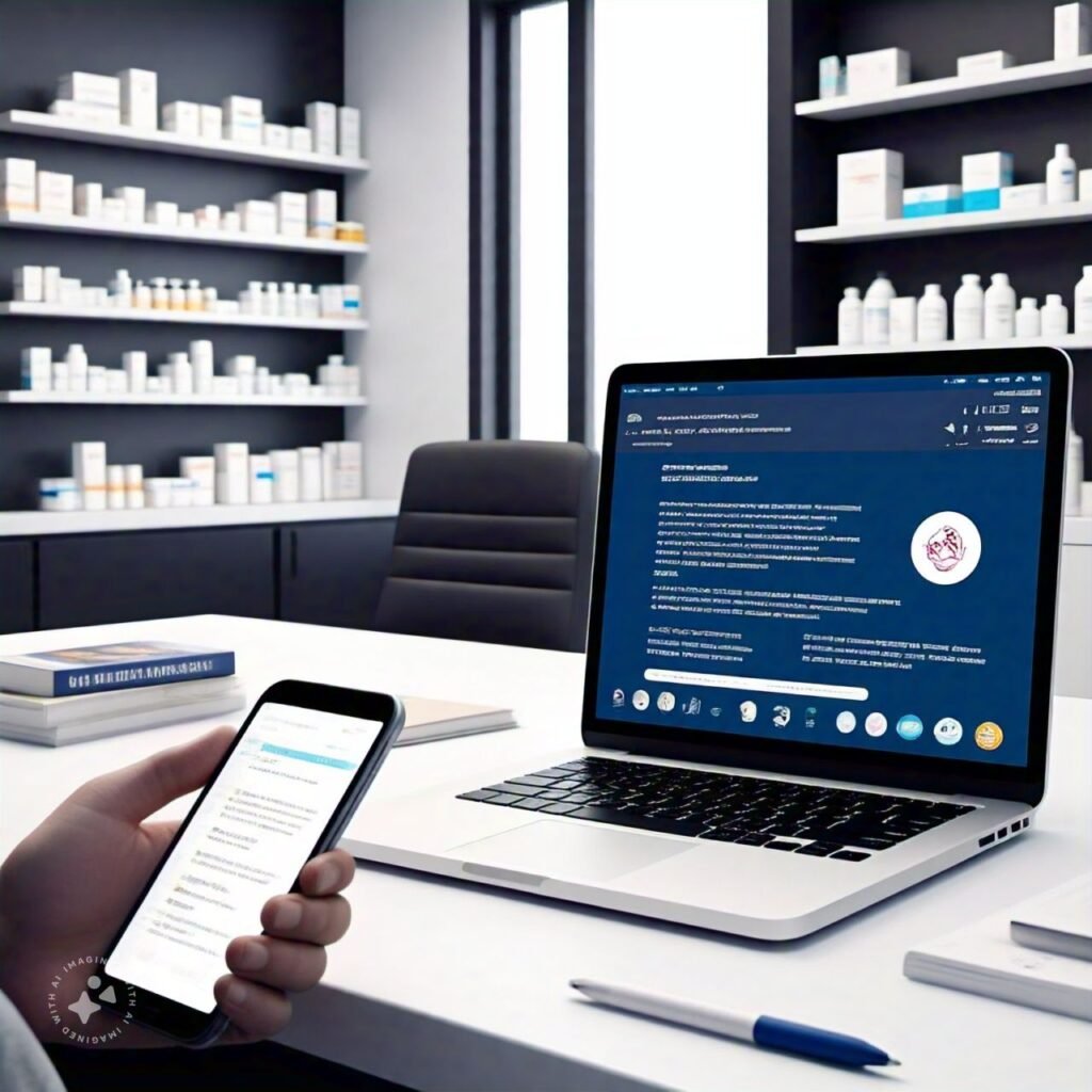 A clean and professional pharmacy website design displayed on a laptop and smartphone