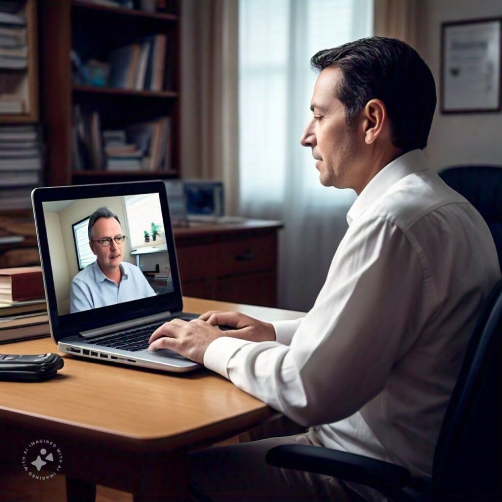 A psychiatrist conducting a virtual consultation via a laptop, illustrating telemedicine services for Medicaid patients