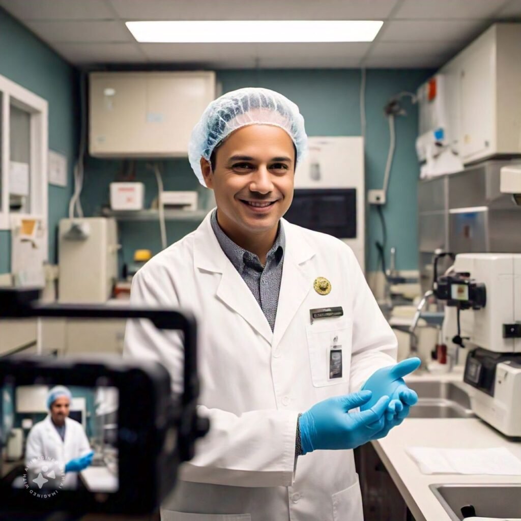A pathologist recording a video for social media, explaining the role of diagnostic tests in healthcare