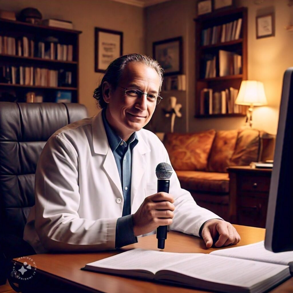 A psychiatrist creating a video on mental health awareness in a cozy clinic setup, highlighting their expertise