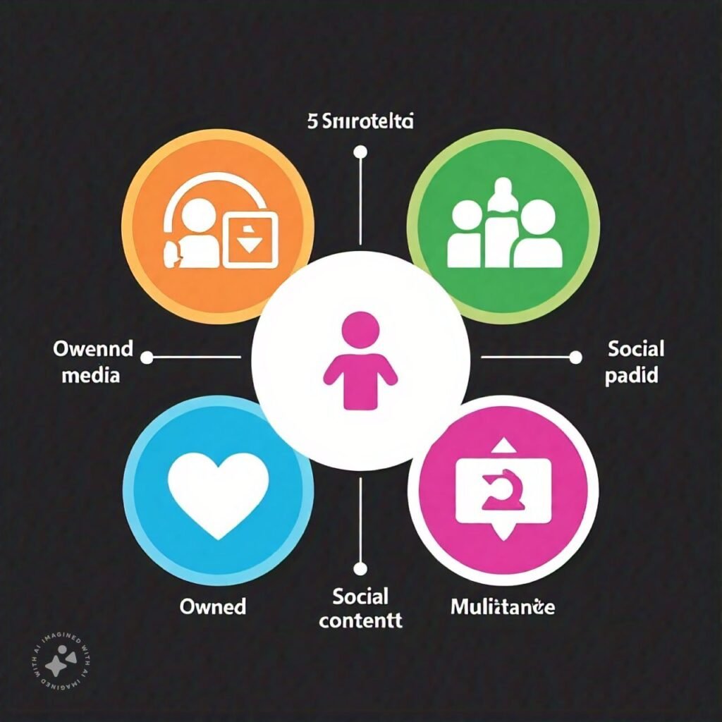 A visual chart displaying the 5 types of digital media with relevant icons for owned, earned, paid, social, and multimedia content