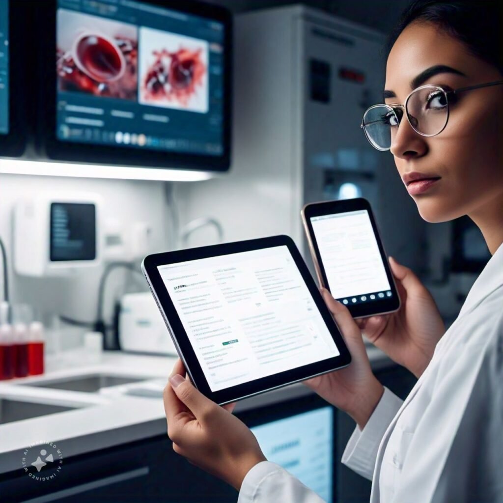 A sleek, user-friendly pathology lab website displayed on a tablet and smartphone