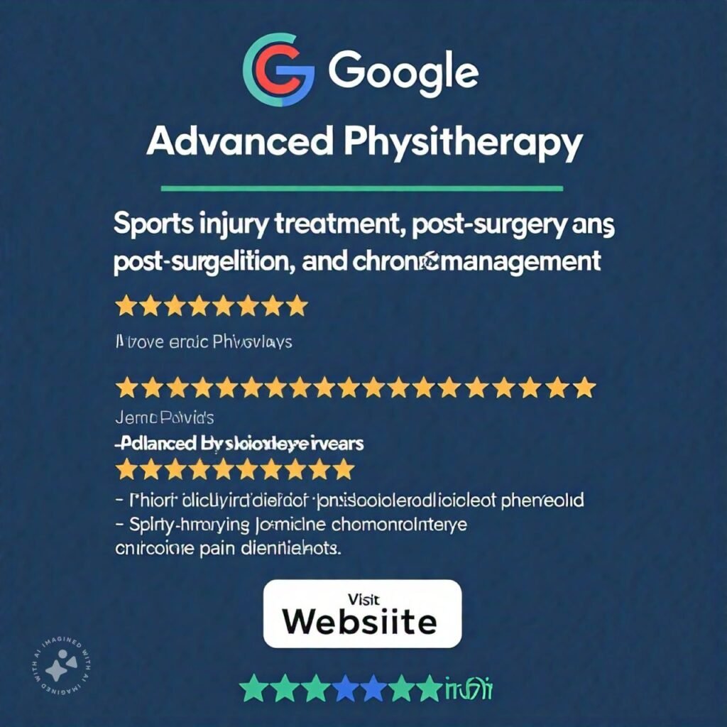 A Google search result showing a well-optimized physiotherapy clinic listing with 5-star reviews