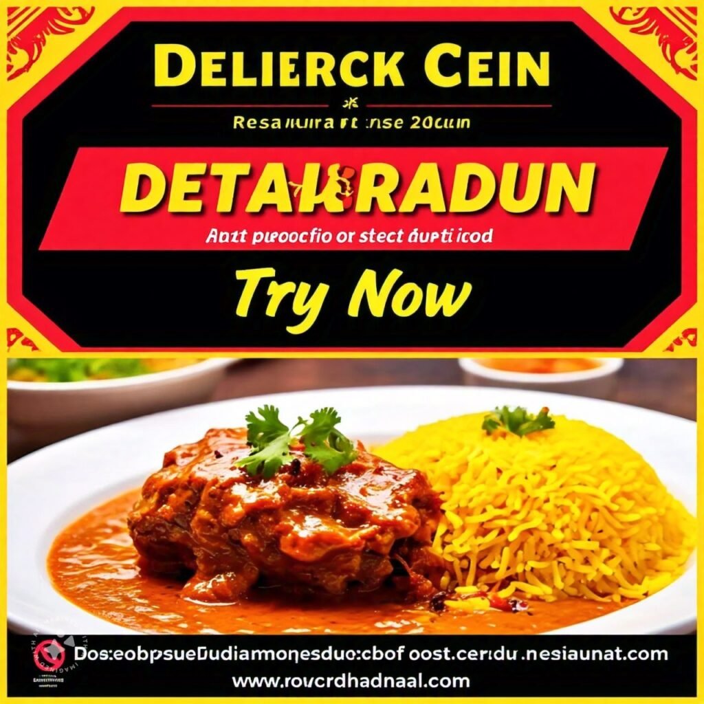 An advertisement banner showing a promotional offer for a restaurant in Dehradun, with a delicious dish and a bold call-to-action button