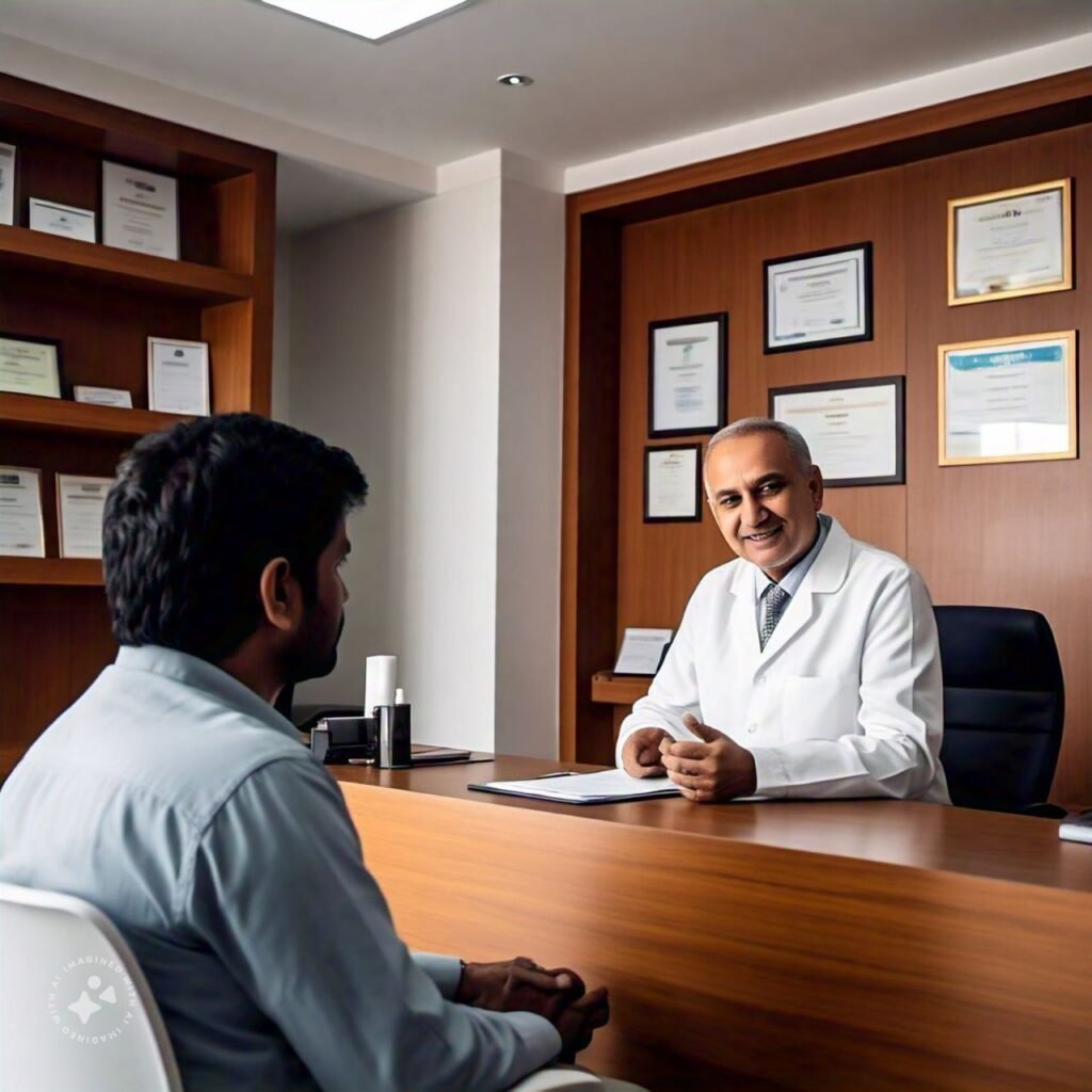 A modern homeopathy clinic in Dehradun with a doctor consulting a patient