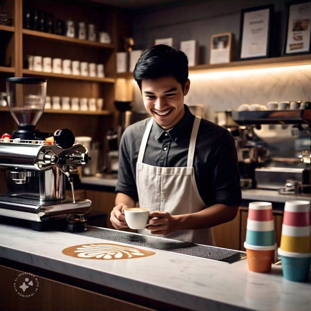 A barista demonstrating how to make the perfect latte art